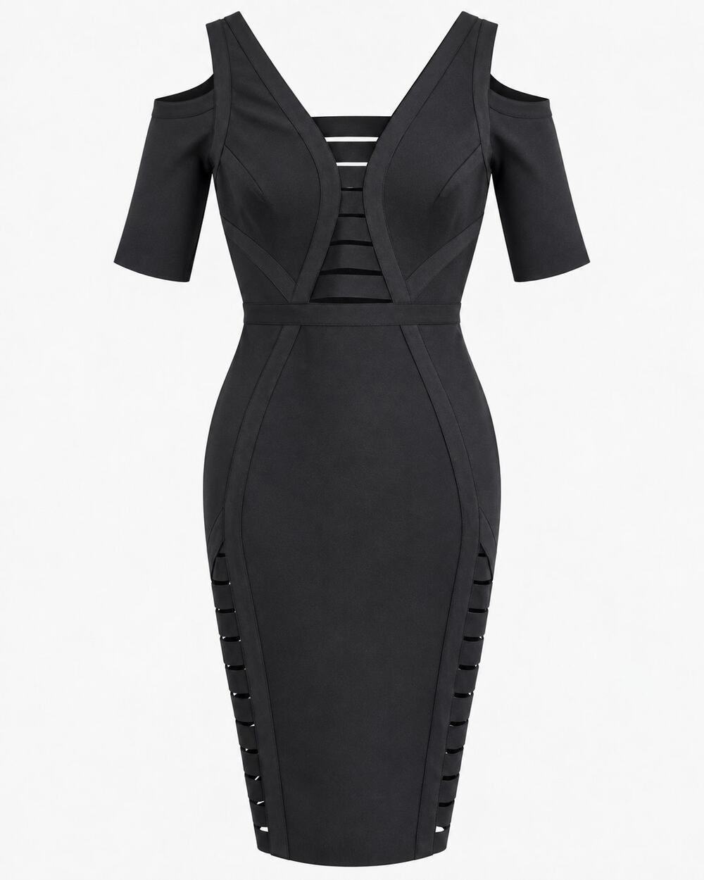 NWT WOW Couture Black Cold Shoulder Cage Cutout Bandage Bodycon Dress Medium